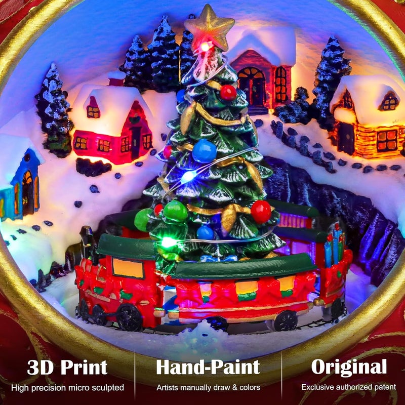 Priddop Christmas Village Scene Animated Rotating Train LED Lights Christmas Decorations Music with Volume Adjustment USB/Battery Timer Collectible Buildings Figurines Globe Gifts - Image 2